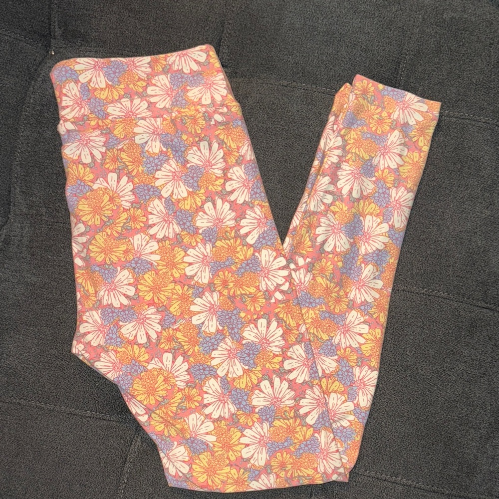 LuLaRoe Floral Leggings with Pink, Yellow, and Blue Design